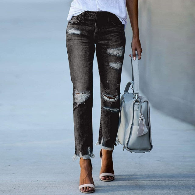 Women's Ripped Mid Waist Jeans